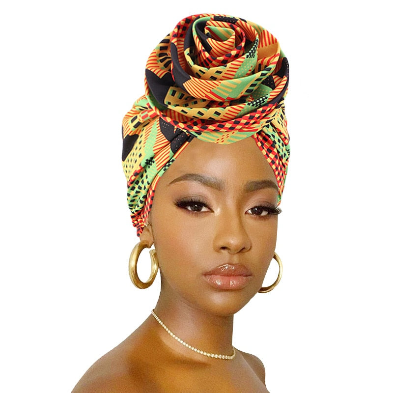 African Print Stretch Bandana Head Wrap Long Scarf satin Floral Ankara Dashiki