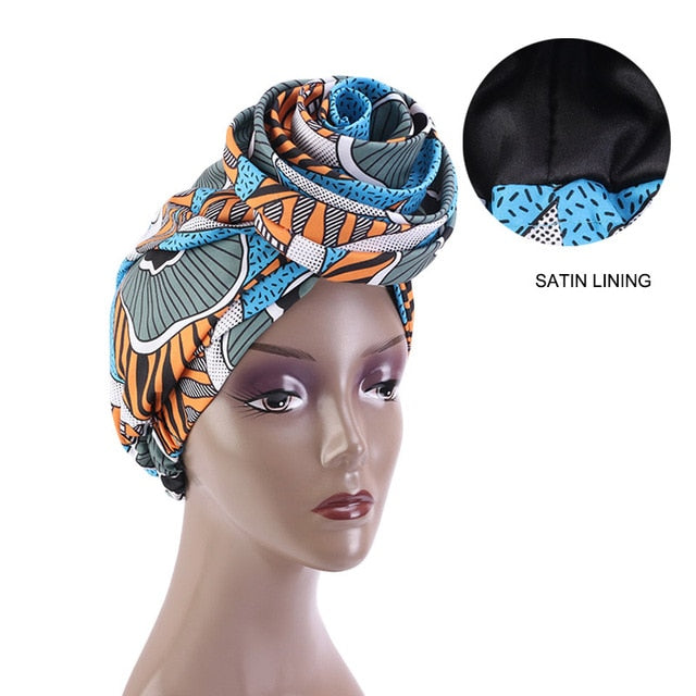 African Print Stretch Bandana Head Wrap Long Scarf satin Floral Ankara Dashiki