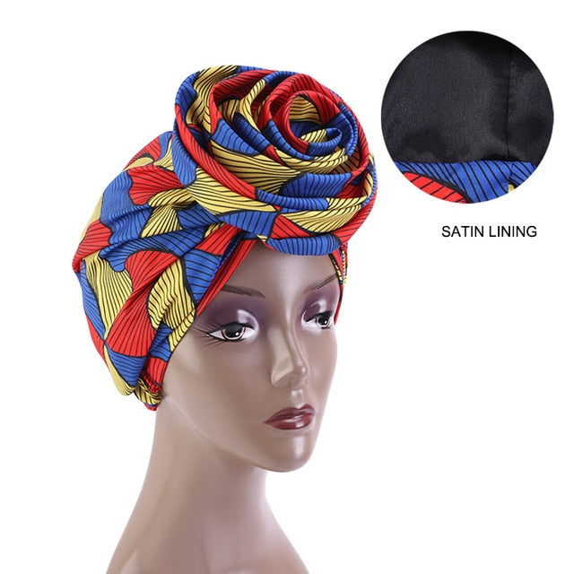 African Print Stretch Bandana Head Wrap Long Scarf satin Floral Ankara Dashiki