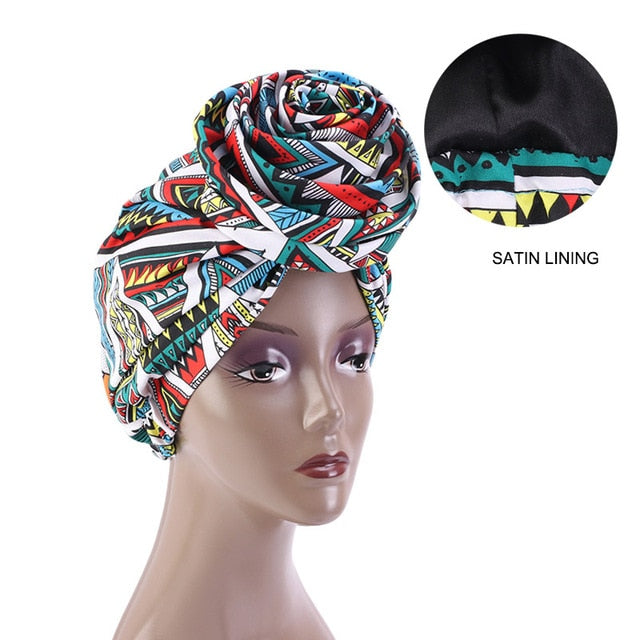 African Print Stretch Bandana Head Wrap Long Scarf satin Floral Ankara Dashiki