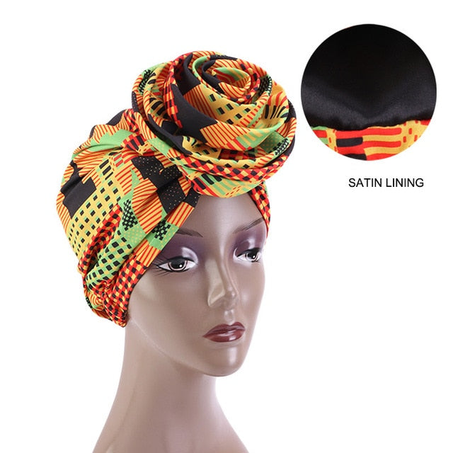 African Print Stretch Bandana Head Wrap Long Scarf satin Floral Ankara Dashiki