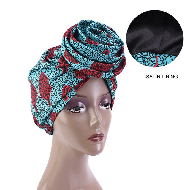 African Print Stretch Bandana Head Wrap Long Scarf satin Floral Ankara Dashiki