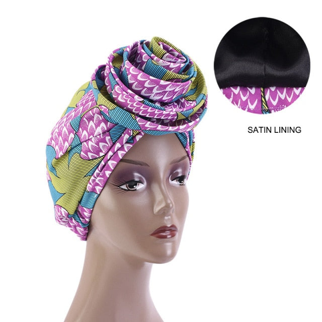 African Print Stretch Bandana Head Wrap Long Scarf satin Floral Ankara Dashiki