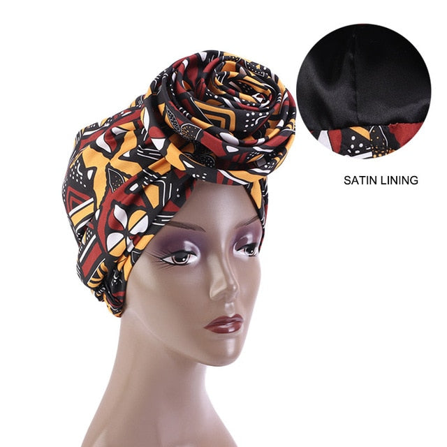 African Print Stretch Bandana Head Wrap Long Scarf satin Floral Ankara Dashiki