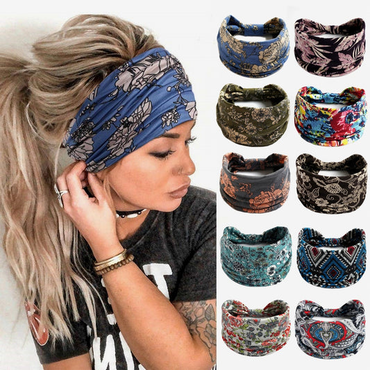 New Boho Flower Print Wide Headbands Vintage Knot Elastic Turban Headwrap