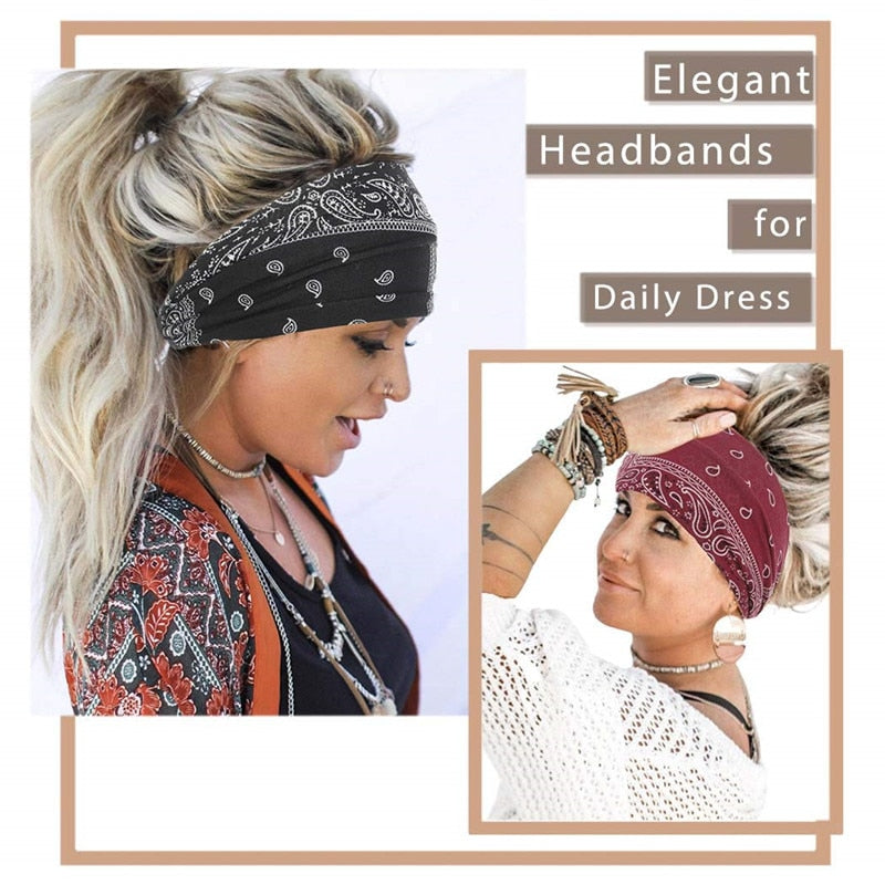 New Boho Flower Print Wide Headbands Vintage Knot Elastic Turban Headwrap