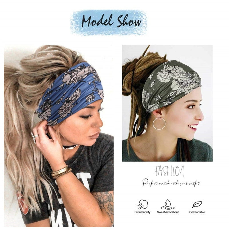 New Boho Flower Print Wide Headbands Vintage Knot Elastic Turban Headwrap