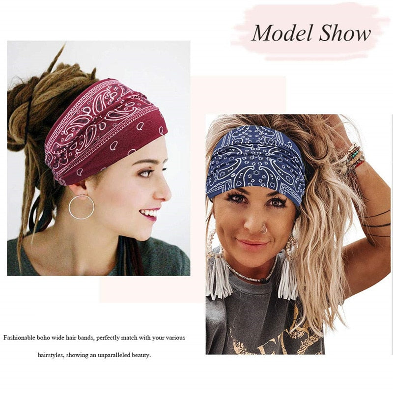 New Boho Flower Print Wide Headbands Vintage Knot Elastic Turban Headwrap