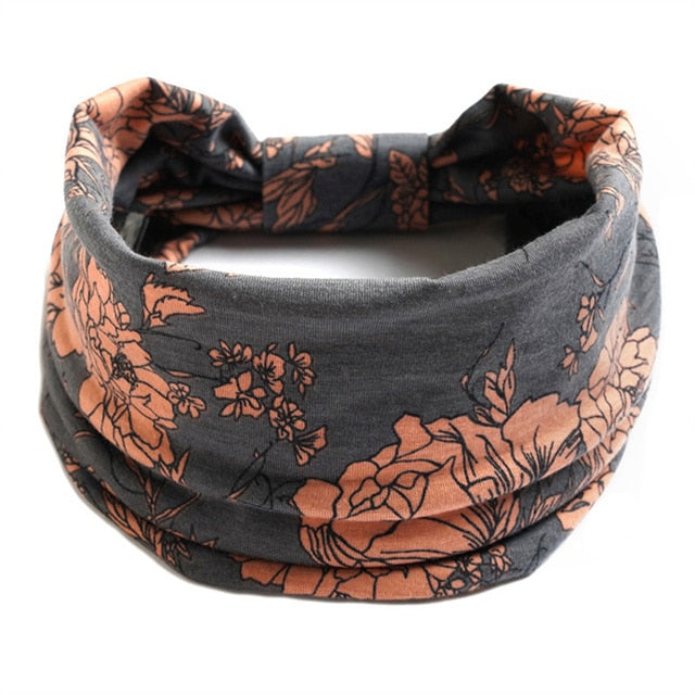 New Boho Flower Print Wide Headbands Vintage Knot Elastic Turban Headwrap