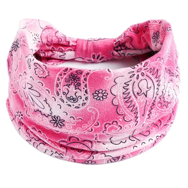 New Boho Flower Print Wide Headbands Vintage Knot Elastic Turban Headwrap