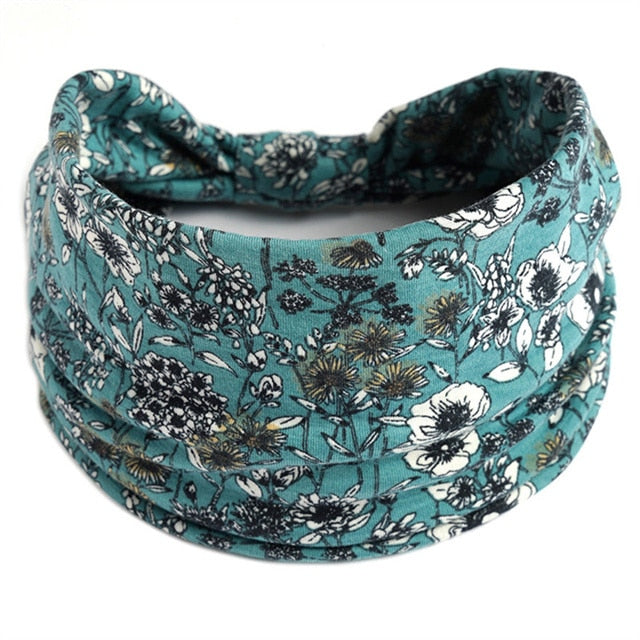 New Boho Flower Print Wide Headbands Vintage Knot Elastic Turban Headwrap