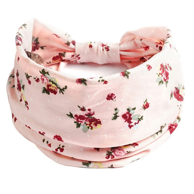 New Boho Flower Print Wide Headbands Vintage Knot Elastic Turban Headwrap