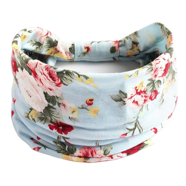 New Boho Flower Print Wide Headbands Vintage Knot Elastic Turban Headwrap