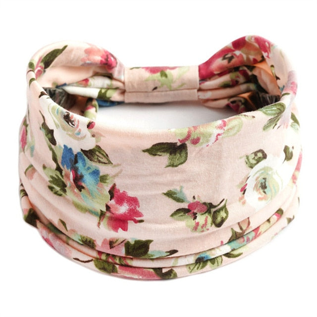 New Boho Flower Print Wide Headbands Vintage Knot Elastic Turban Headwrap