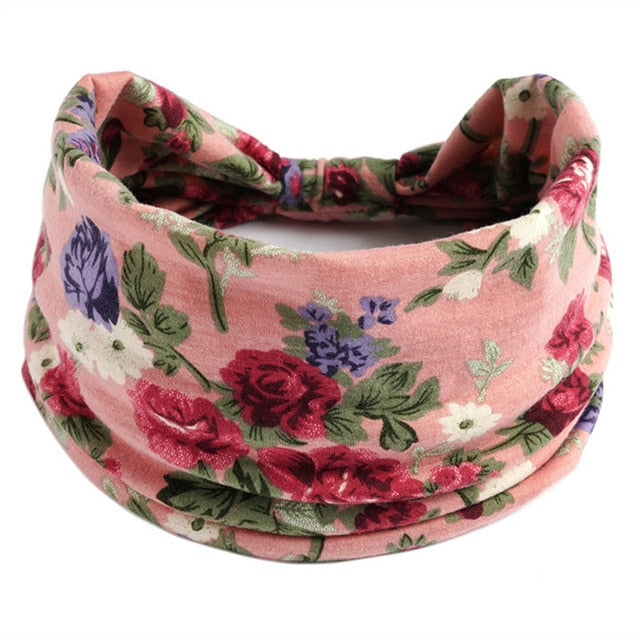 New Boho Flower Print Wide Headbands Vintage Knot Elastic Turban Headwrap