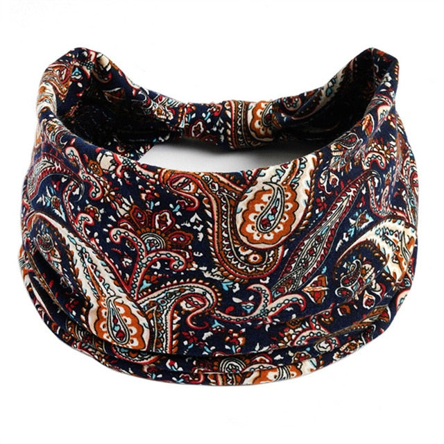 New Boho Flower Print Wide Headbands Vintage Knot Elastic Turban Headwrap