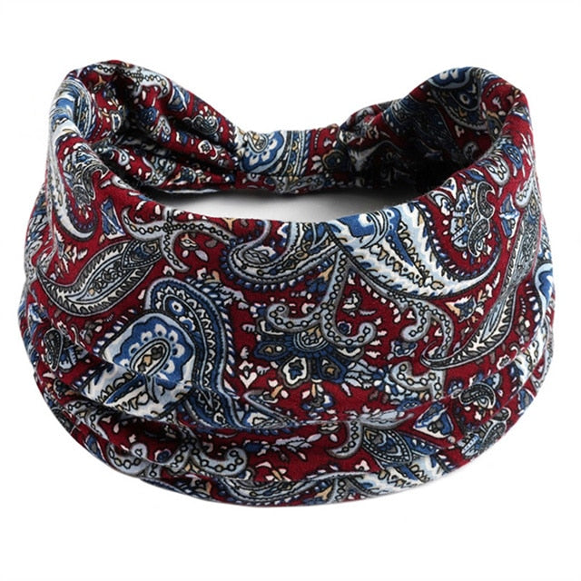 New Boho Flower Print Wide Headbands Vintage Knot Elastic Turban Headwrap