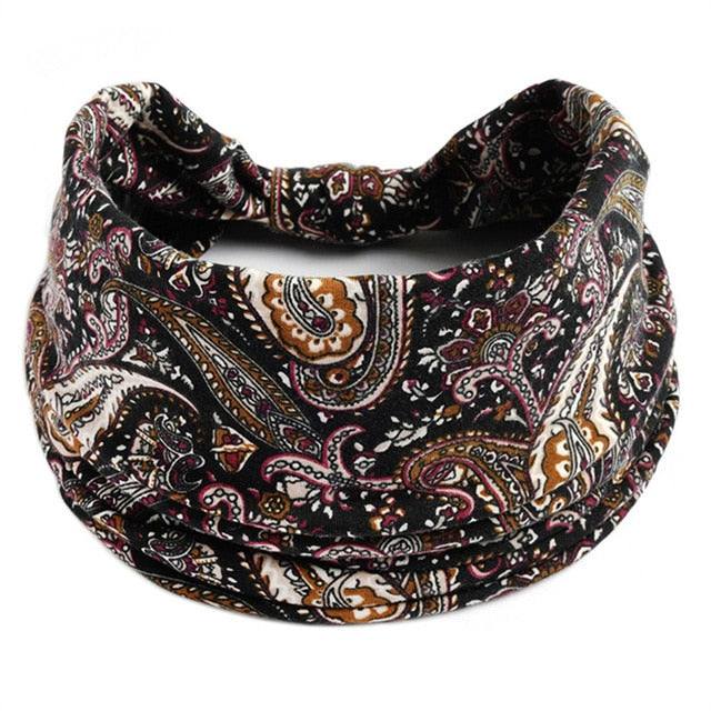 New Boho Flower Print Wide Headbands Vintage Knot Elastic Turban Headwrap