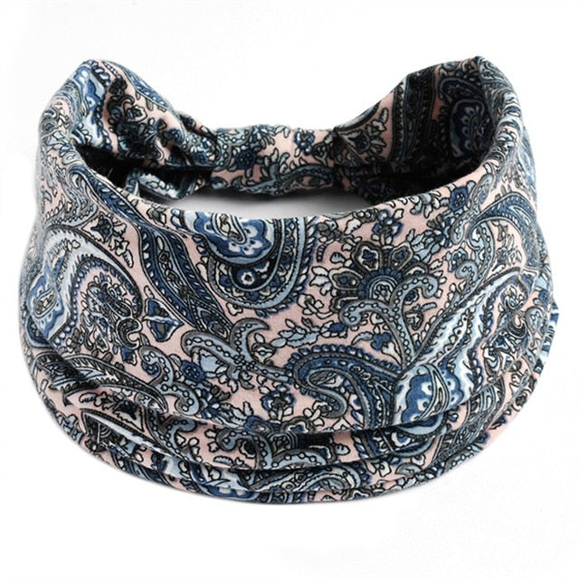 New Boho Flower Print Wide Headbands Vintage Knot Elastic Turban Headwrap