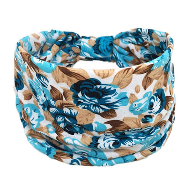 New Boho Flower Print Wide Headbands Vintage Knot Elastic Turban Headwrap