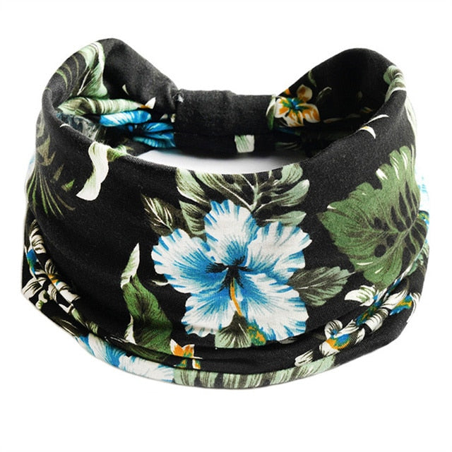 New Boho Flower Print Wide Headbands Vintage Knot Elastic Turban Headwrap