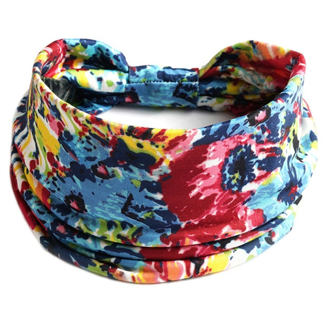 New Boho Flower Print Wide Headbands Vintage Knot Elastic Turban Headwrap