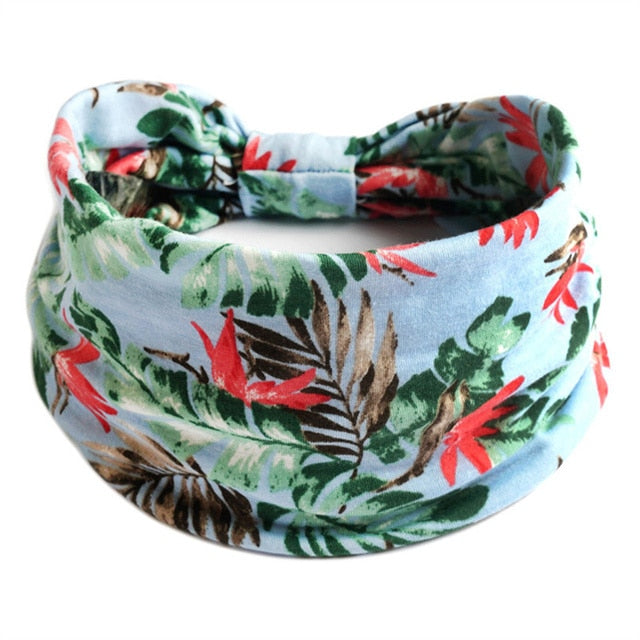 New Boho Flower Print Wide Headbands Vintage Knot Elastic Turban Headwrap