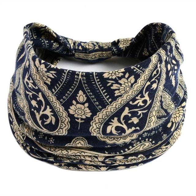 New Boho Flower Print Wide Headbands Vintage Knot Elastic Turban Headwrap