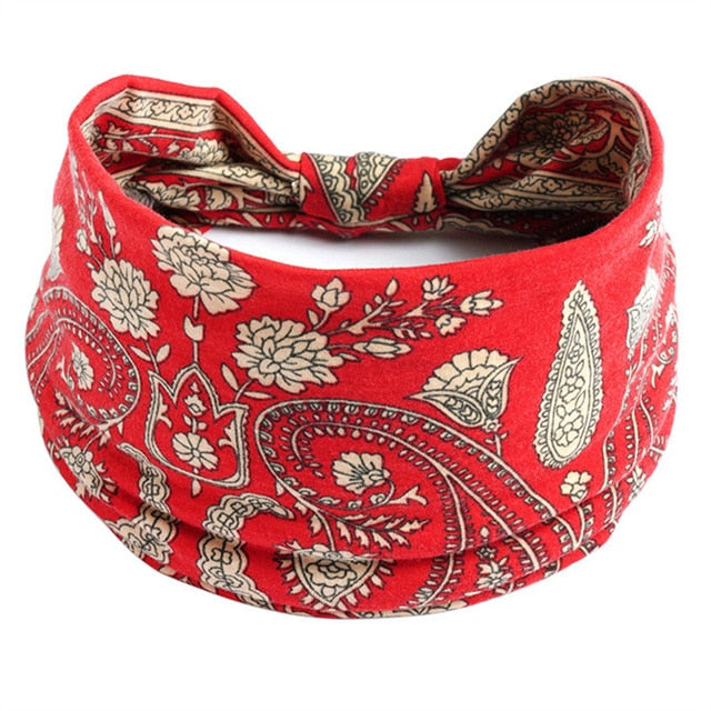 New Boho Flower Print Wide Headbands Vintage Knot Elastic Turban Headwrap