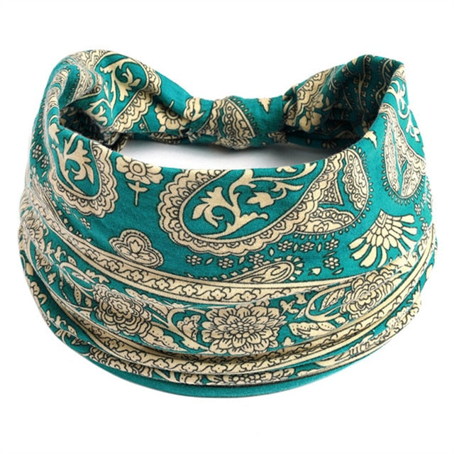 New Boho Flower Print Wide Headbands Vintage Knot Elastic Turban Headwrap