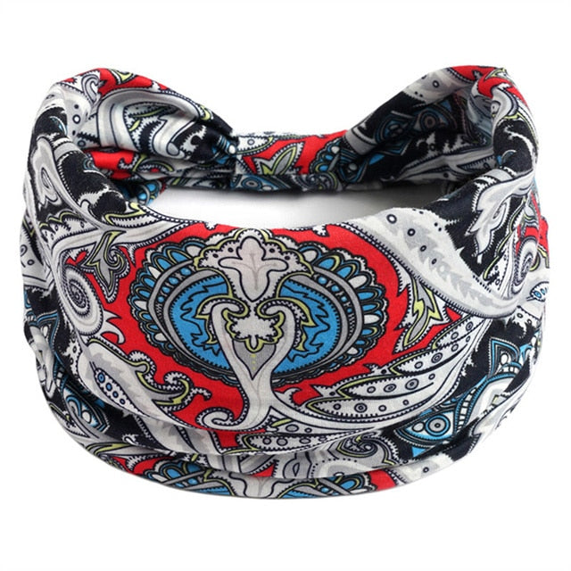 New Boho Flower Print Wide Headbands Vintage Knot Elastic Turban Headwrap