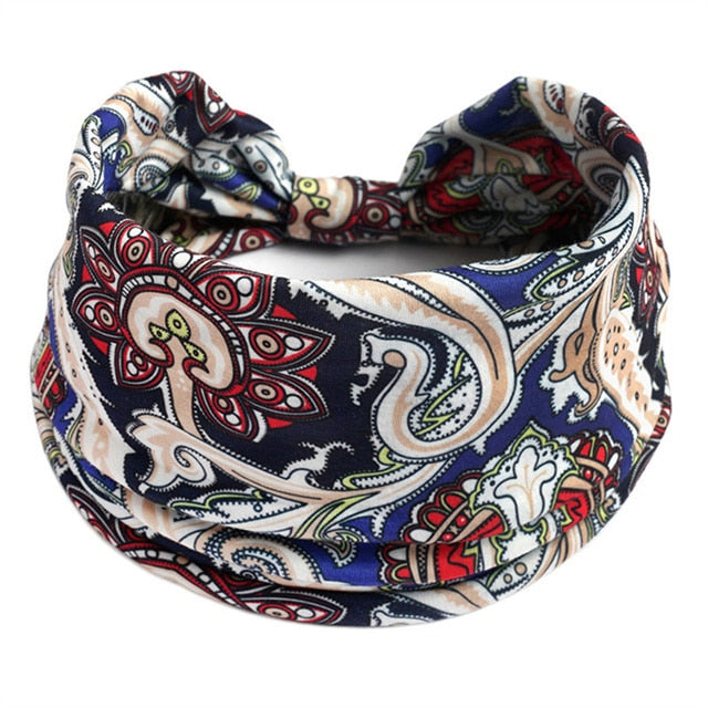 New Boho Flower Print Wide Headbands Vintage Knot Elastic Turban Headwrap