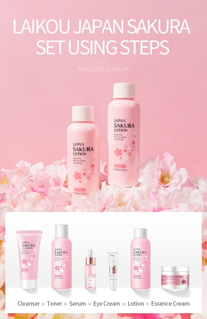 6Pcs Face Skin Care Set Cherry Blossom Essence Moisturizing