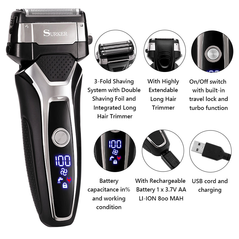 USB Rechargeable Electric Shaver Stainless Steel Shaving Machine For Men 3D Triple Floating Blade Razor Shaver Barber Electric