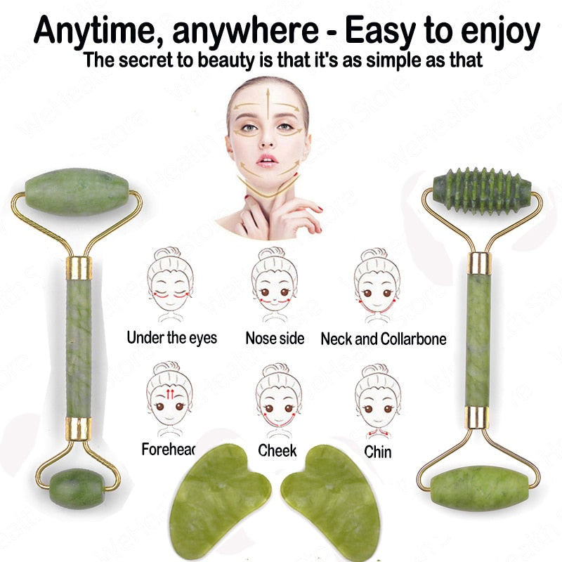 2pcs/set Face Spa Jade Massager Neck Roller Gua Sha Scraper Board Face Lift Up Wrinkle Remover Face Roller Scraper Set